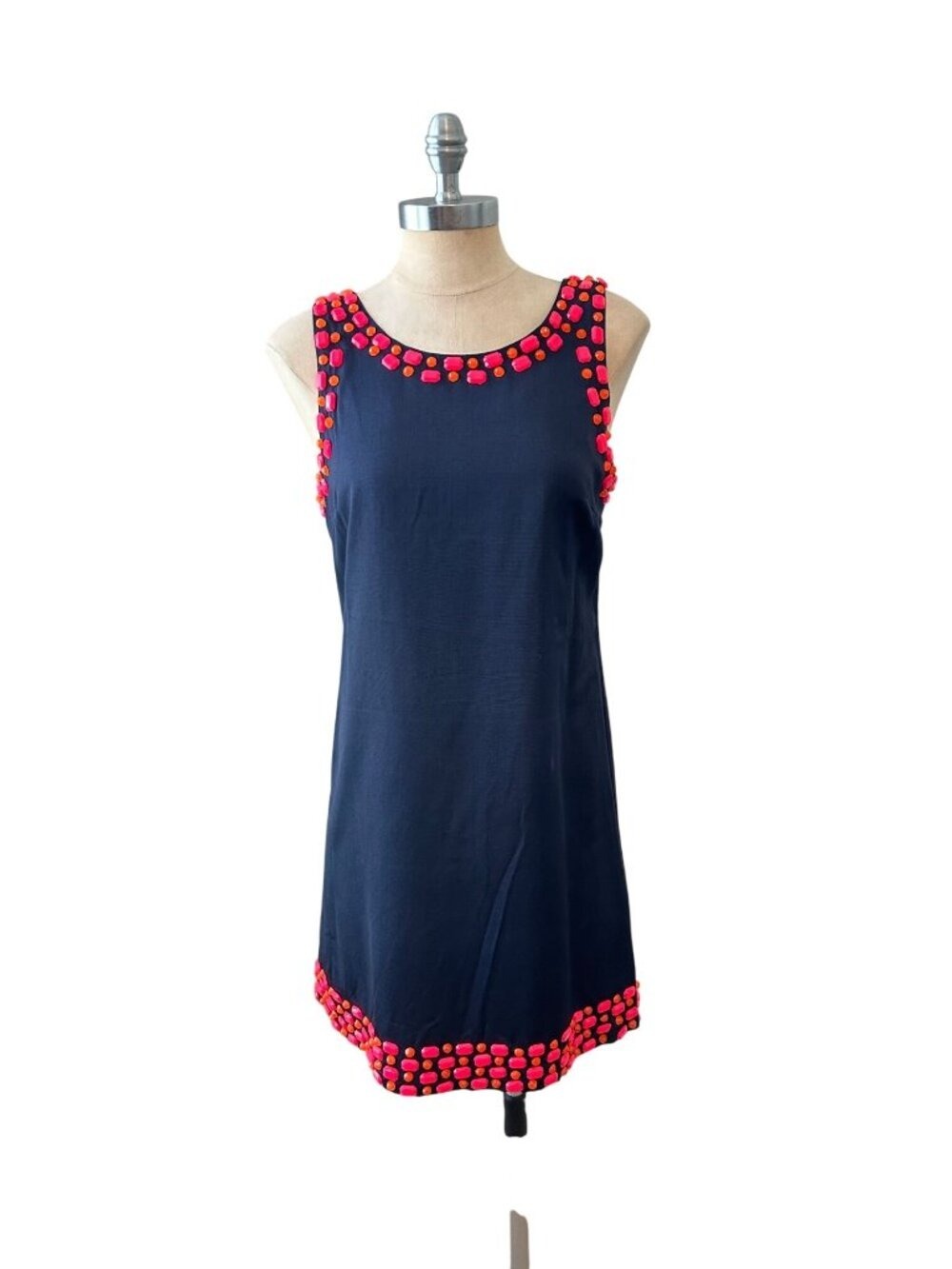 Julie Brown Embellished Navy Shift Dress With Neon Pink & Orange Beaded Detail S